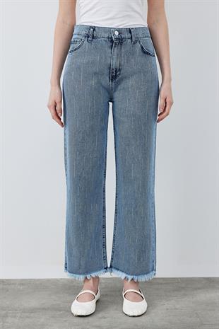 NİLİ TAŞ DETAYLI DENİM PANTOLON - TAŞLANMIŞ MAVİ 