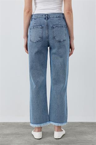 NİLİ TAŞ DETAYLI DENİM PANTOLON - TAŞLANMIŞ MAVİ 
