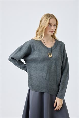 Nina Geniş Yakalı Basic Kazak - Antrasit