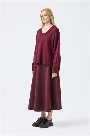 Nina Geniş Yakalı Basic Kazak -Bordo 