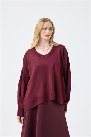 Nina Geniş Yakalı Basic Kazak -Bordo 