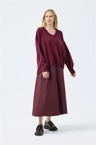 Nina Geniş Yakalı Basic Kazak -Bordo 