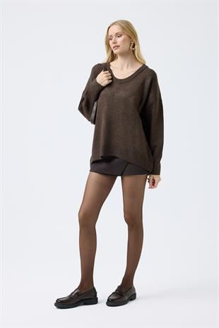 Nina Geniş Yakalı Basic Kazak - Kahve 