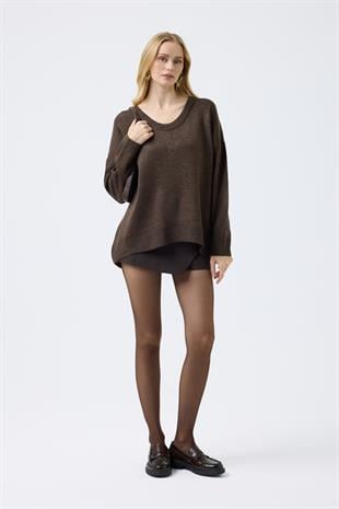 Nina Geniş Yakalı Basic Kazak - Kahve 