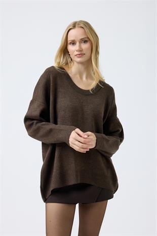 Nina Geniş Yakalı Basic Kazak - Kahve 