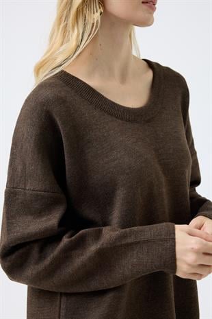 Nina Geniş Yakalı Basic Kazak - Kahve 