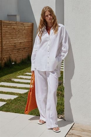 Noli Keten Nervürlü Pantolon - Beyaz