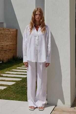 Noli Keten Nervürlü Pantolon - Beyaz