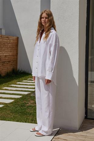 Noli Keten Nervürlü Pantolon - Beyaz