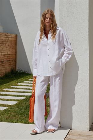 Noli Keten Nervürlü Pantolon - Beyaz