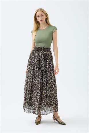 Nova Kemerli Şifon Etek - Haki 