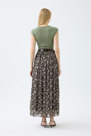 Nova Kemerli Şifon Etek - Haki 