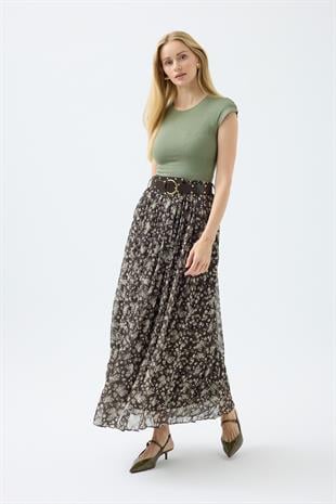 Nova Kemerli Şifon Etek - Haki 