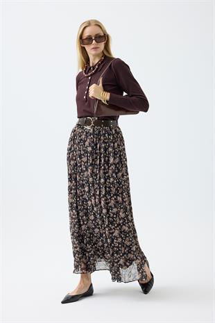 Nova Kemerli Şifon Etek - Kahverengi 