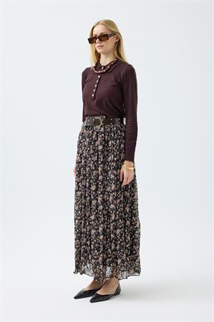 Nova Kemerli Şifon Etek - Kahverengi 