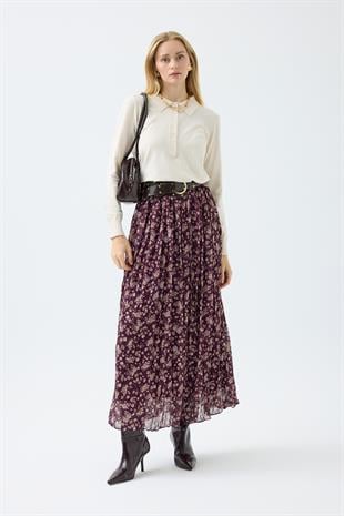 Nova Kemerli Şifon Etek - Mürdüm 