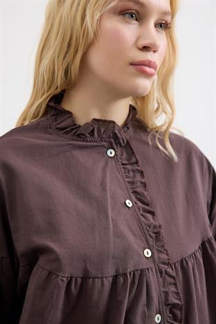 Olden Pamuk Vual Fırfırlı Gömlek- Acı Kahve