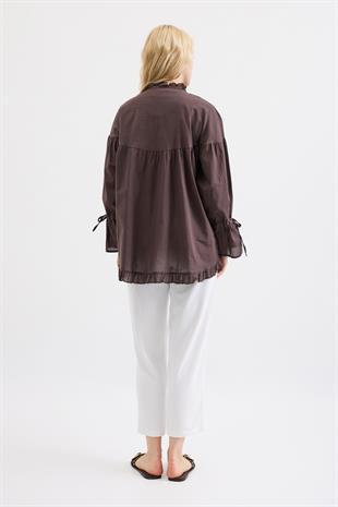 Olden Pamuk Vual Fırfırlı Gömlek- Acı Kahve