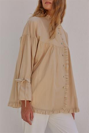 Olden Pamuk Vual Fırfırlı Gömlek- Bej