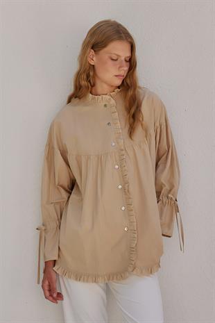 Olden Pamuk Vual Fırfırlı Gömlek- Bej