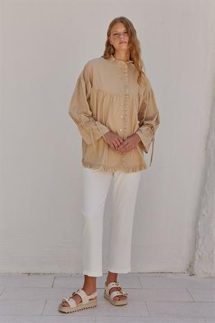 Olden Pamuk Vual Fırfırlı Gömlek- Bej