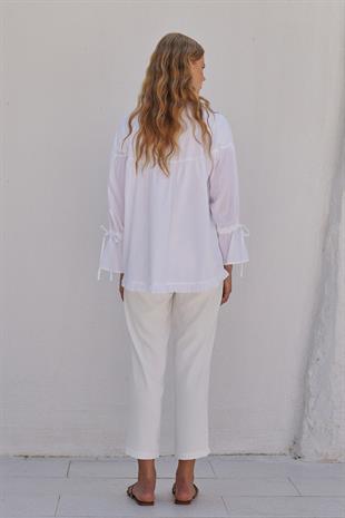 Olden Pamuk Vual Fırfırlı Gömlek - Beyaz