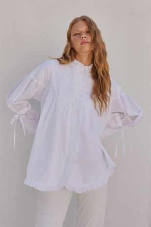 Olden Pamuk Vual Fırfırlı Gömlek - Beyaz