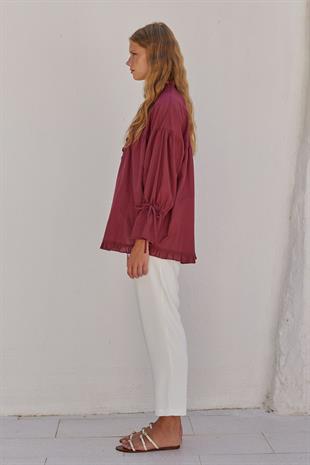 Olden Pamuk Vual Fırfırlı Gömlek - Bordo