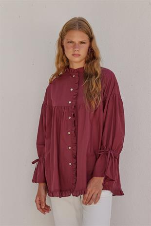 Olden Pamuk Vual Fırfırlı Gömlek - Bordo