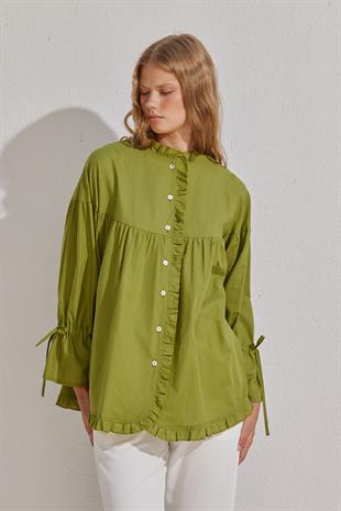 Olden Pamuk Vual Fırfırlı Gömlek - Elma Yeşil