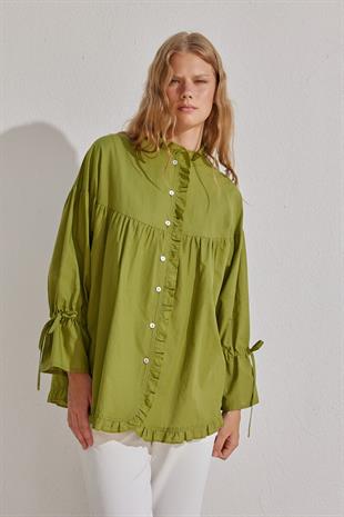 Olden Pamuk Vual Fırfırlı Gömlek - Elma Yeşil