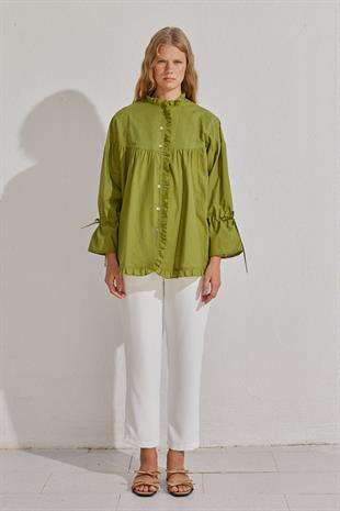 Olden Pamuk Vual Fırfırlı Gömlek - Elma Yeşil