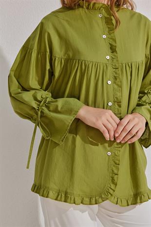 Olden Pamuk Vual Fırfırlı Gömlek - Elma Yeşil