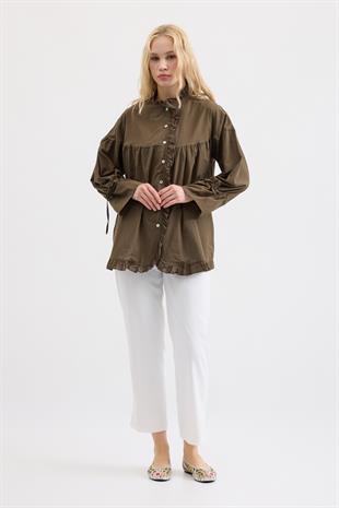 Olden Pamuk Vual Fırfırlı Gömlek- Haki