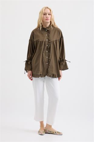 Olden Pamuk Vual Fırfırlı Gömlek- Haki