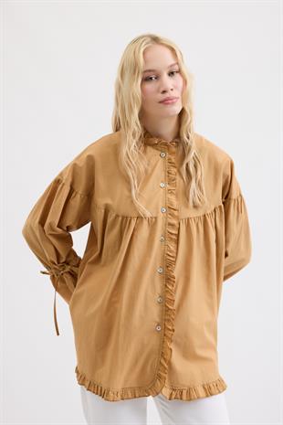 Olden Pamuk Vual Fırfırlı Gömlek- Hardal