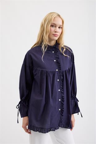 Olden Pamuk Vual Fırfırlı Gömlek- Lacivert
