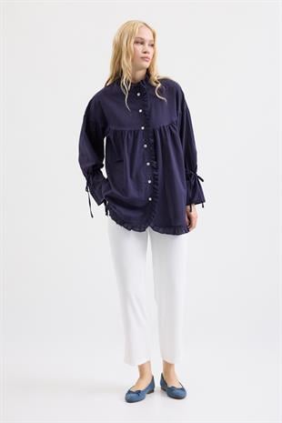 Olden Pamuk Vual Fırfırlı Gömlek- Lacivert