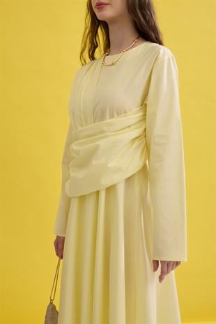 Olympia Drapeli Kuşaklı Poplin Elbise- Sarı
