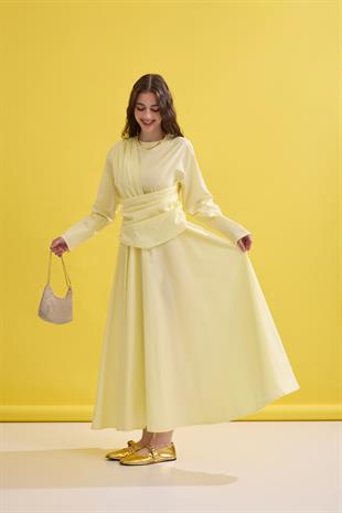 Olympia Drapeli Kuşaklı Poplin Elbise- Sarı