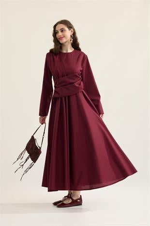 Olympia Drapeli Kuşaklı Poplin Elbise - Bordo