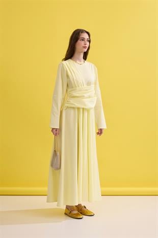 Olympia Drapeli Kuşaklı Poplin Elbise- Sarı