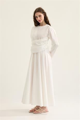 Olympia Drapeli Kuşaklı Poplin Elbise- Beyaz