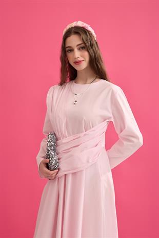 Olympia Drapeli Kuşaklı Poplin Elbise - Pembe