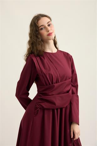 Olympia Drapeli Kuşaklı Poplin Elbise - Bordo