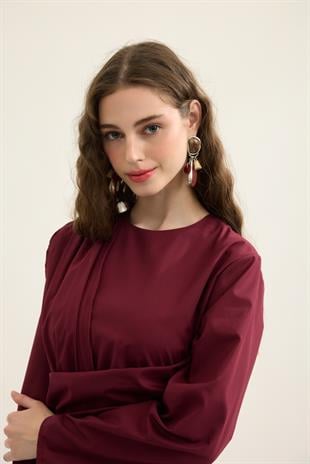 Olympia Drapeli Kuşaklı Poplin Elbise - Bordo