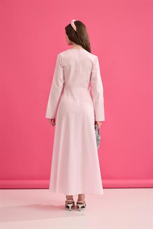 Olympia Drapeli Kuşaklı Poplin Elbise - Pembe