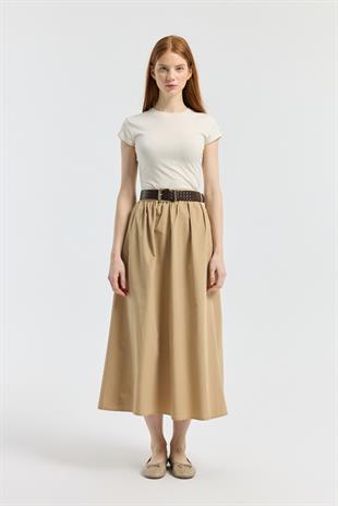 Onyx Büzgülü Kemerli Poplin Etek - Camel