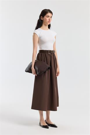 Onyx Büzgülü Kemerli Poplin Etek - Kahverengi