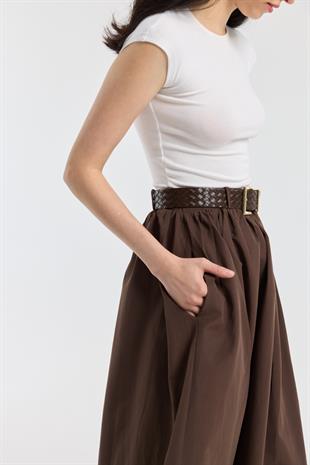 Onyx Büzgülü Kemerli Poplin Etek - Kahverengi